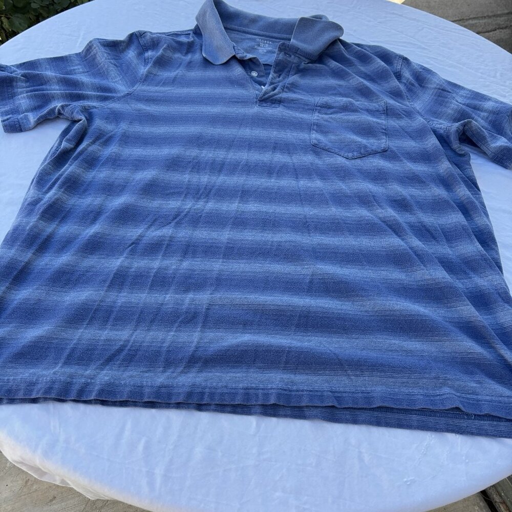 George 3 Button Polo Shirt Mens‎ Short Sleeve Knit Collar Blue Striped Pocket
